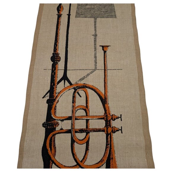 Mid Century Modern Silkscreen Scroll Tapestry Instrument On Linen MCM Horn *READ - Picture 4 of 15